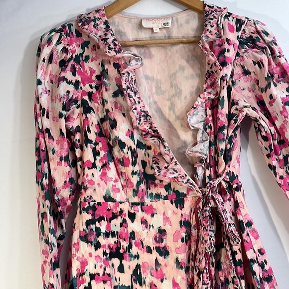 Rococo Sand M Mimi Wrap Dress Pink Watercolor Artsy Puffy Shoulder‎ 100% Cotton - Picture 3 of 16